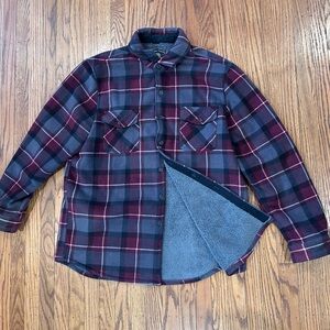 Men's Quilted-Lined Plaid Shirt Jacket in Burgundy and Gray